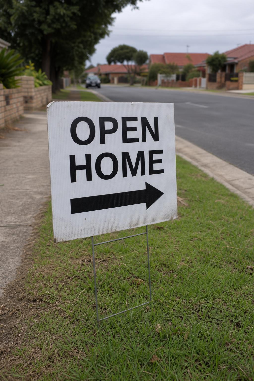A weathered, water-stained corflute open-home arrow sign blown sideways on a wet suburban footpath.